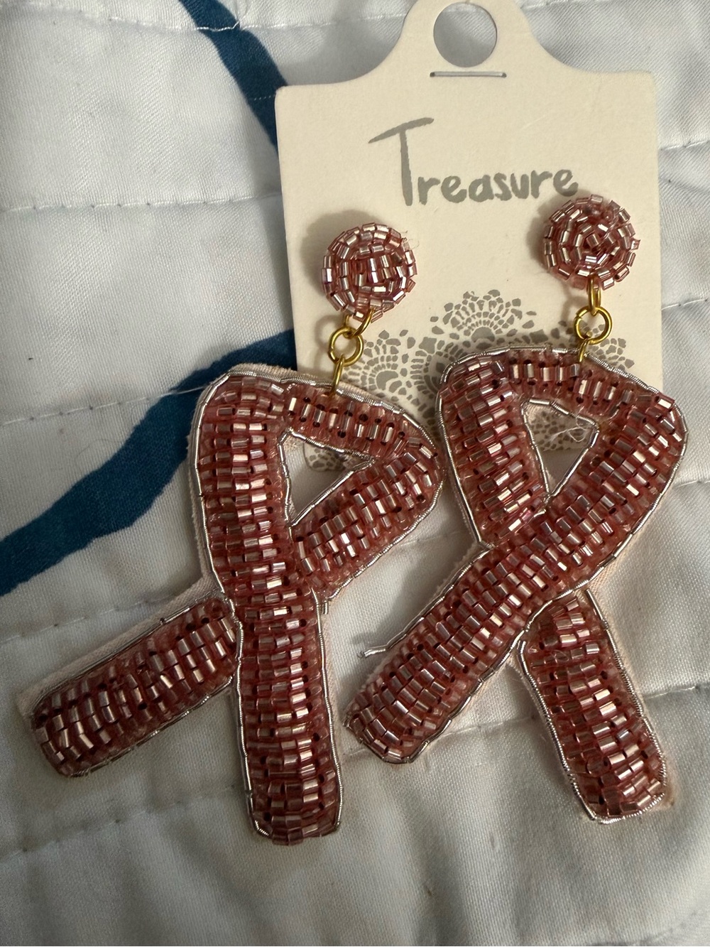 Pink Beaded Breast Cancer Awareness Ribbon Drop Earrings
